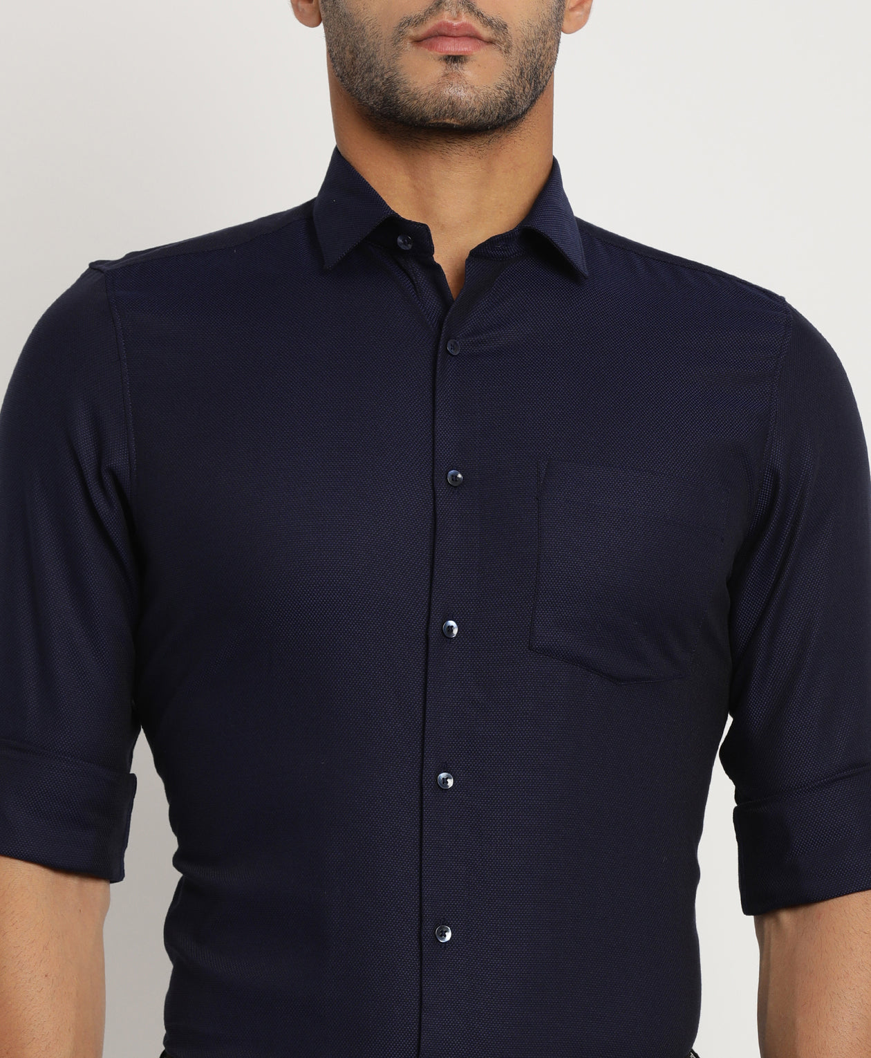 Giza Cotton Navy Blue Dobby Slim Fit Full Sleeve Formal Shirt