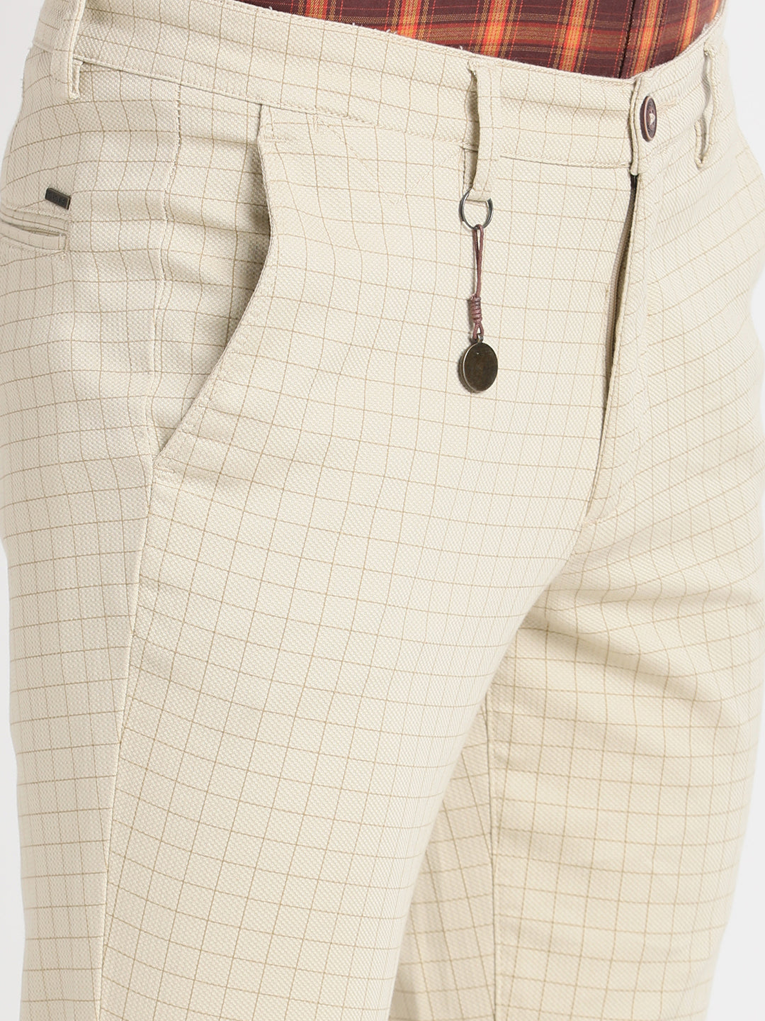 Cotton Stretch Beige Checkered Narrow Fit Flat Front Casual Trouser