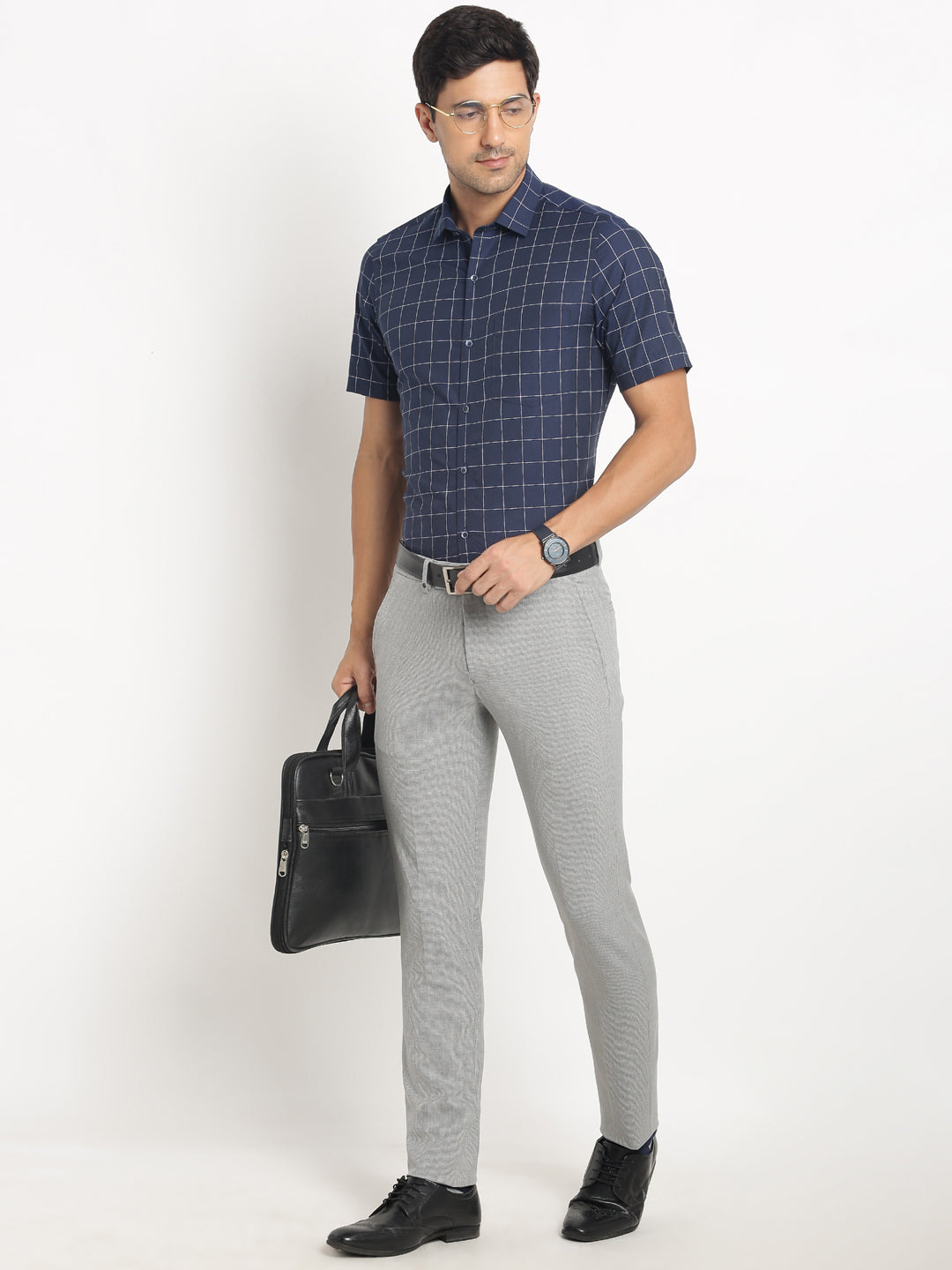 100% Cotton Dark Blue Checkered Regular Fit Half Sleeve Formal Shirt