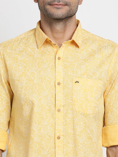 100% Cotton Yellow Printed Slim Fit Full Sleeve Casual Shirt