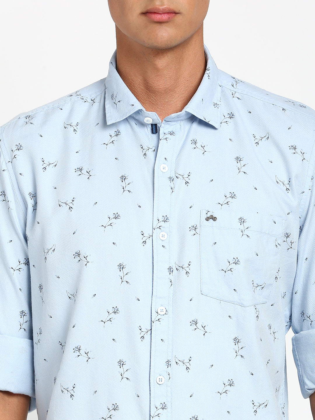 Cotton Tencel Blue Printed Slim Fit Full Sleeve Casual Shirt