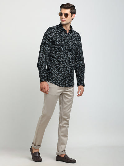 Cotton Linen Black Printed Slim Fit Full Sleeve Casual Shirt