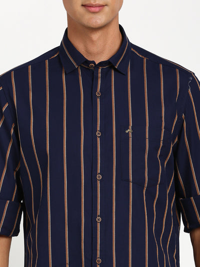 100% Cotton Navy Blue Striped Slim Fit Full Sleeve Casual Shirt