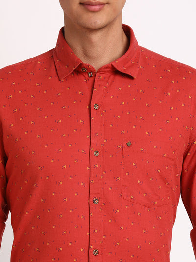 Cotton Linen Rust Printed Slim Fit Full Sleeve Casual Shirt