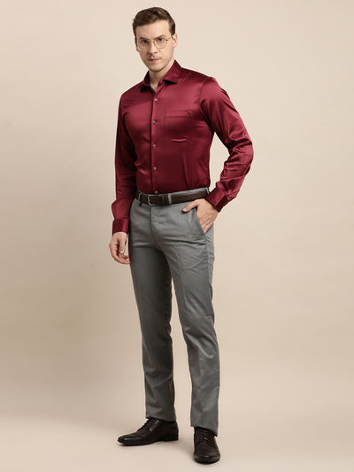 Poly Satin Maroon Plain Slim Fit Full Sleeve Ceremonial Shirt