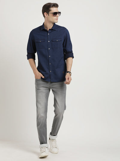 100% Cotton Navy Blue Plain Slim Fit Full Sleeve Casual Shirt