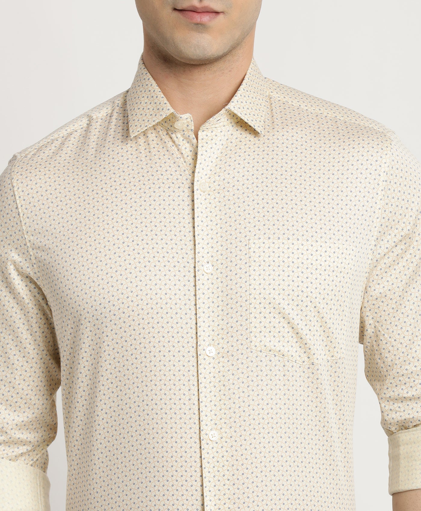 100% Cotton Beige Printed Slim Fit Full Sleeve Formal Shirt