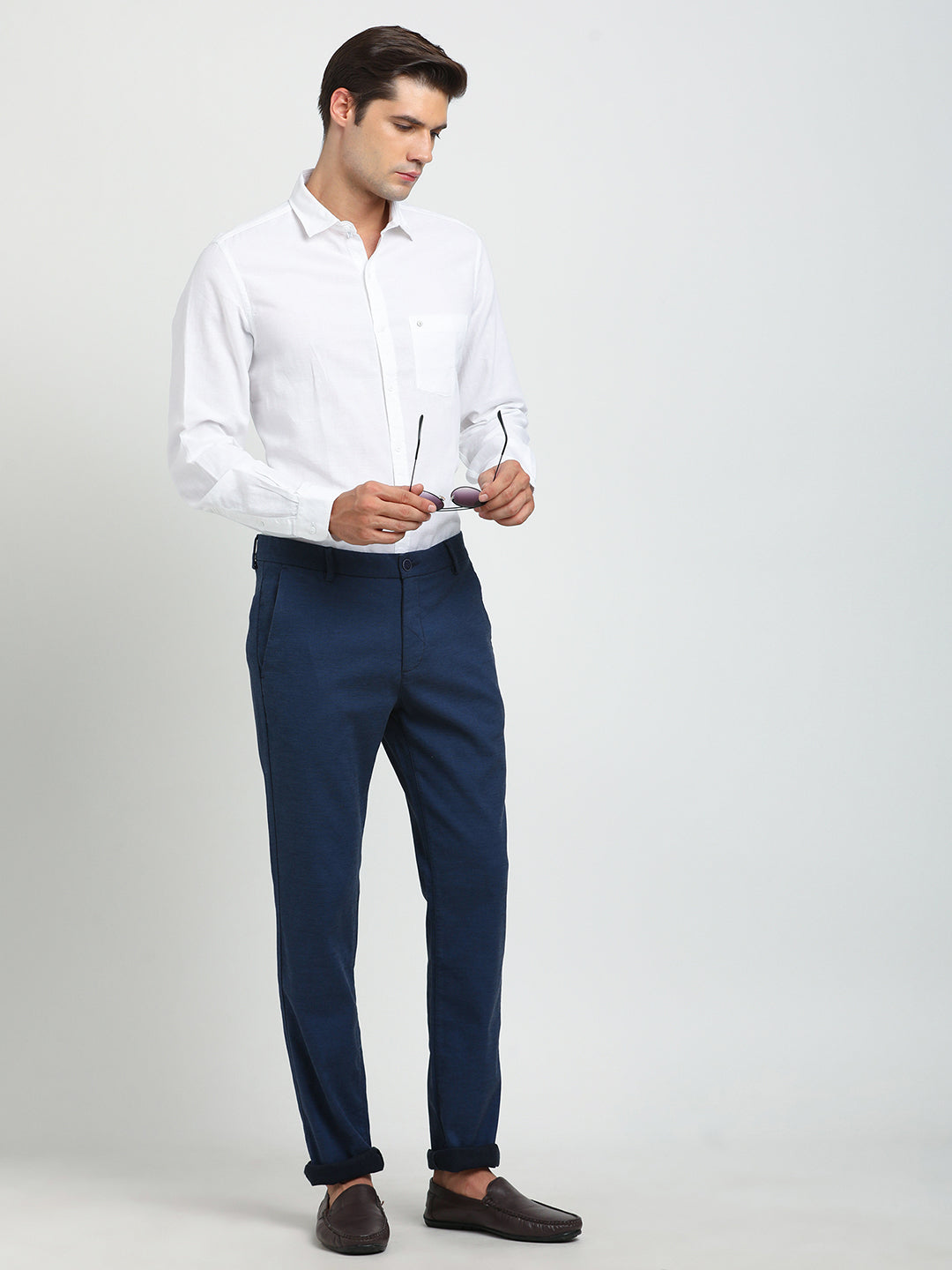 Cotton Stretch Blue Dobby Ultra Slim Fit Flat Front Casual Trouser