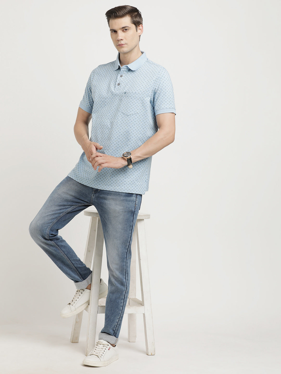 Cotton Stretch Blue Printed Polo Neck Half Sleeve Casual T-Shirt