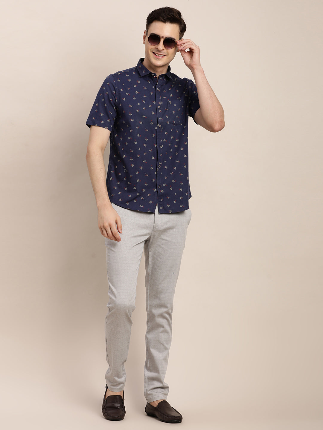 100% Cotton Blue Printed Slim Fit Half Sleeve Casual Shirt