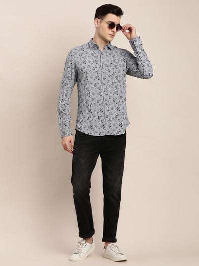 100% Viscose Grey Printed Slim Fit Full Sleeve Casual Shirt