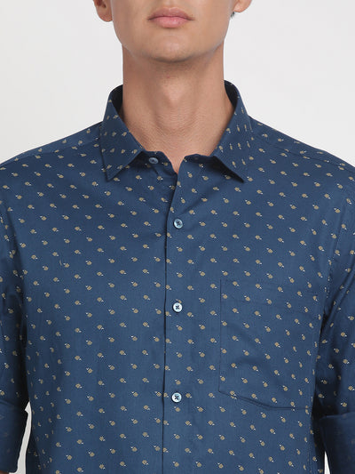 100% Cotton Blue Printed Slim Fit Full Sleeve Formal Shirt