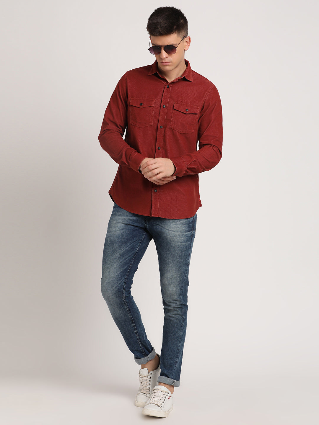 100% Cotton Red Plain Slim Fit Full Sleeve Casual Shirt