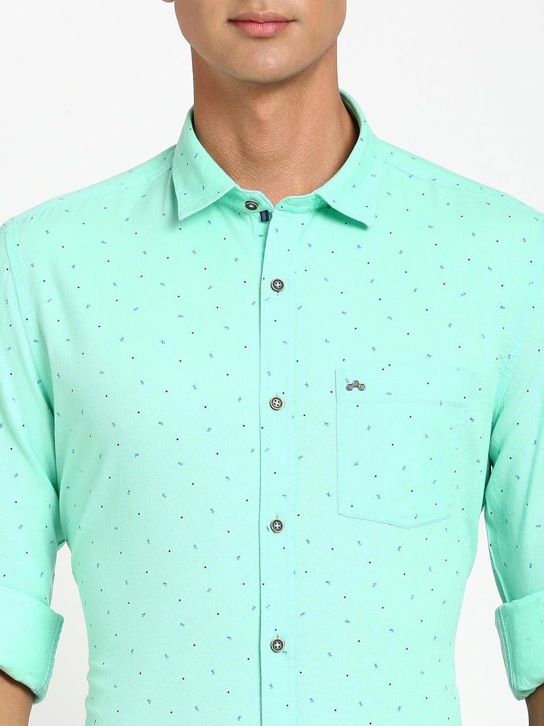 Cotton Tencel Sea Green Printed Slim Fit Full Sleeve Casual Shirt