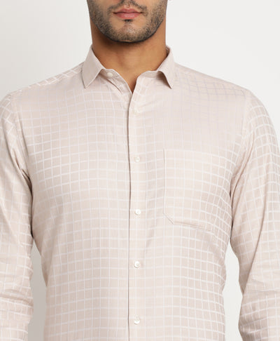 Giza Cotton Beige Checkered Regular Fit Full Sleeve Formal Shirt