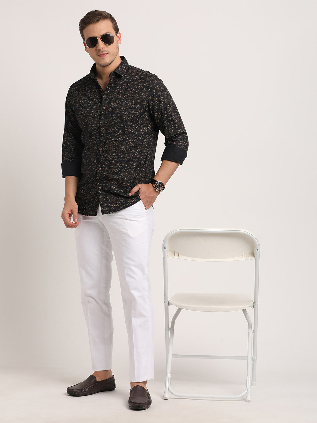 Cotton Linen Black Printed Slim Fit Full Sleeve Casual Shirt