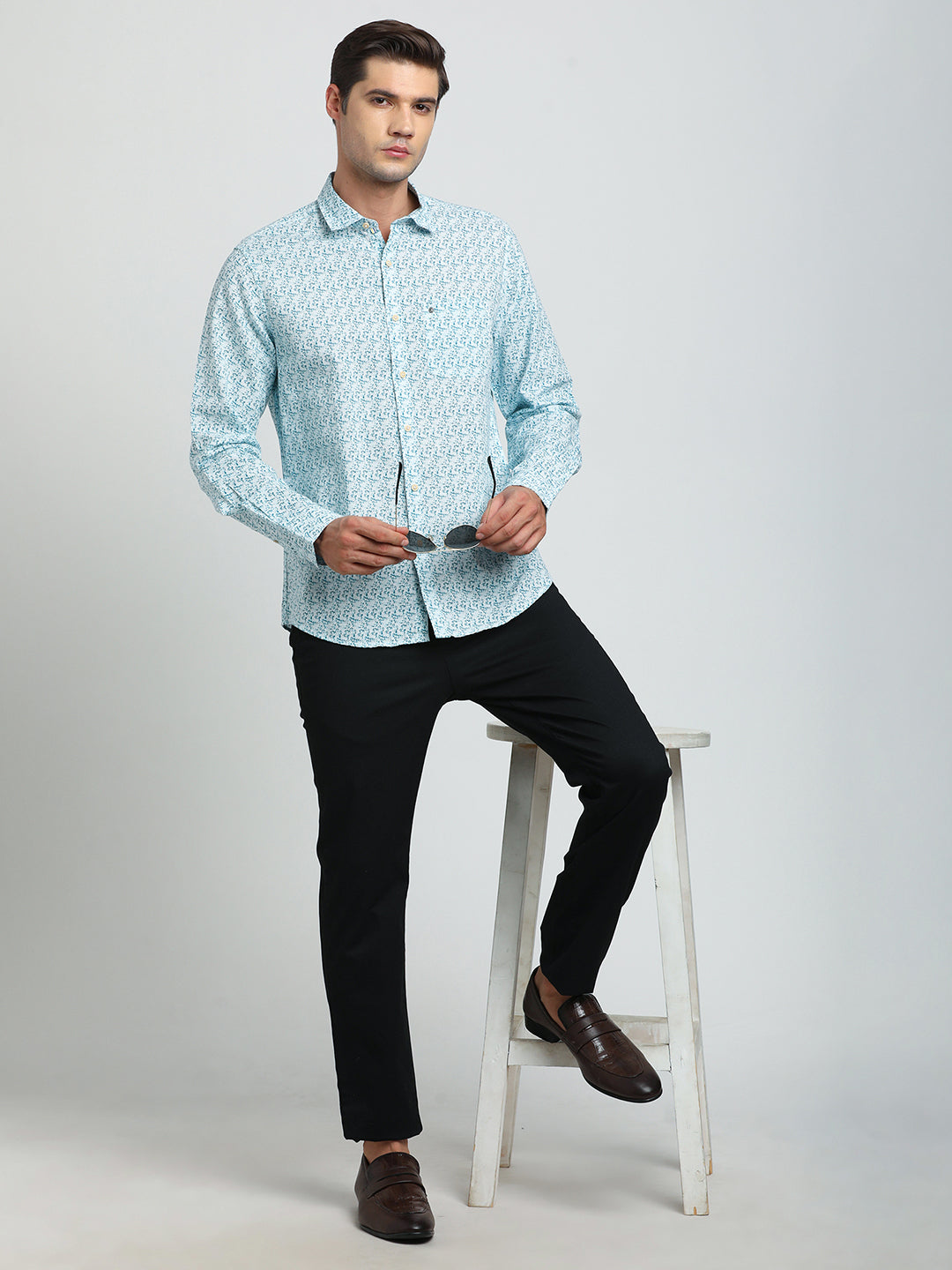 Cotton Linen Sea Blue Printed Slim Fit Full Sleeve Casual Shirt