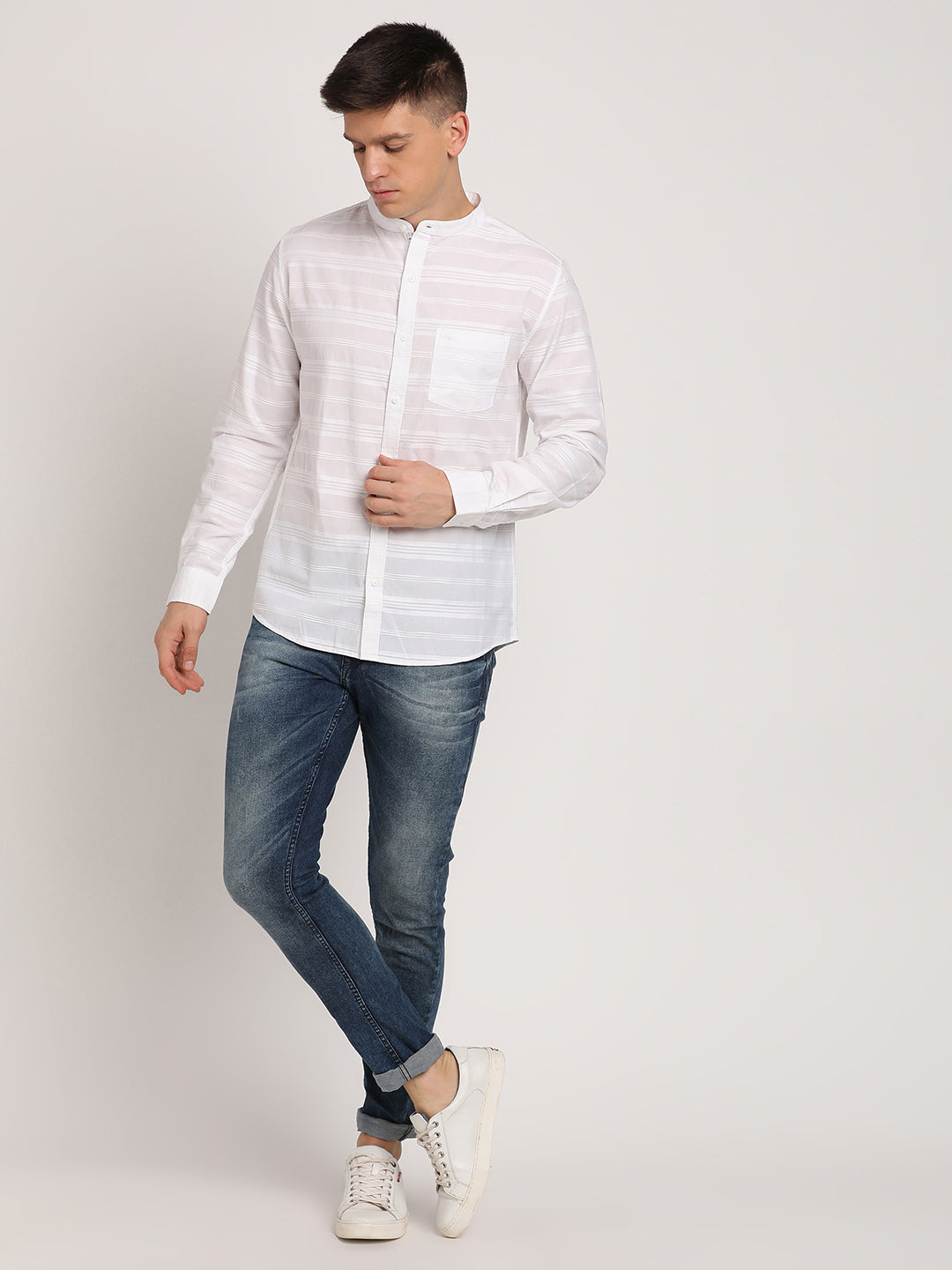 100% Cotton White Striped Slim Fit Mandarin Collar Casual Shirt