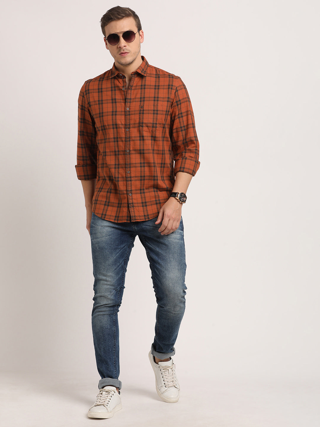 100% Cotton Orange Checkered Slim Fit Full Sleeve Casual Shirt