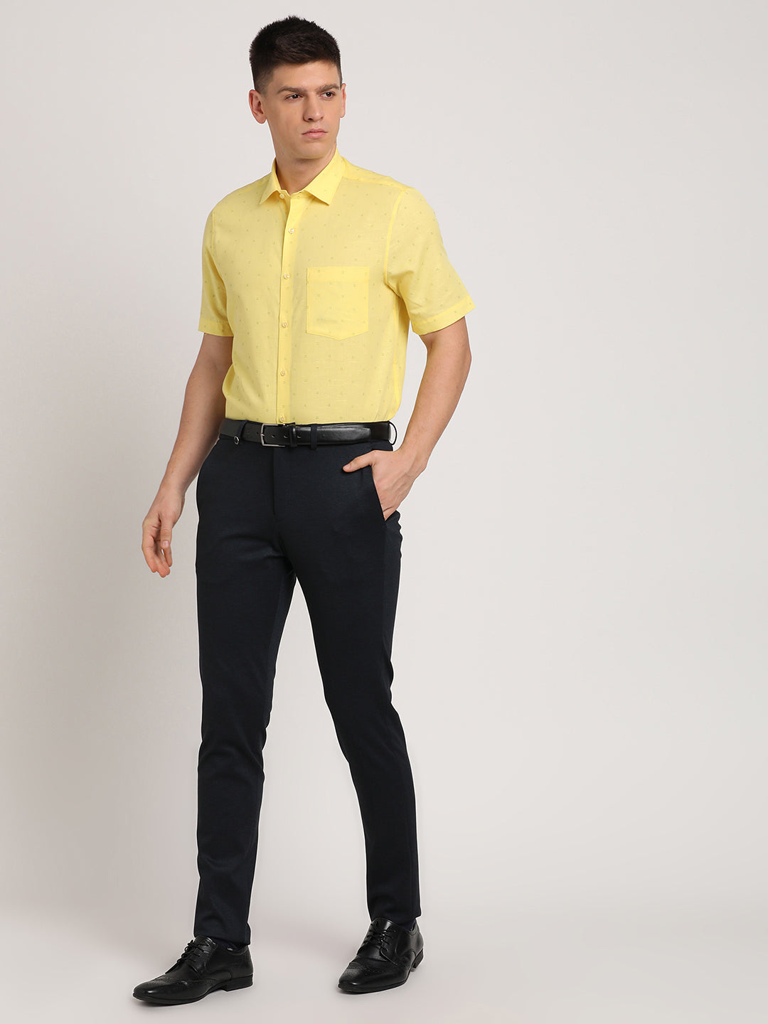 Cotton Linen Lemon Yellow Printed Regular Fit Half Sleeve Formal Shirt