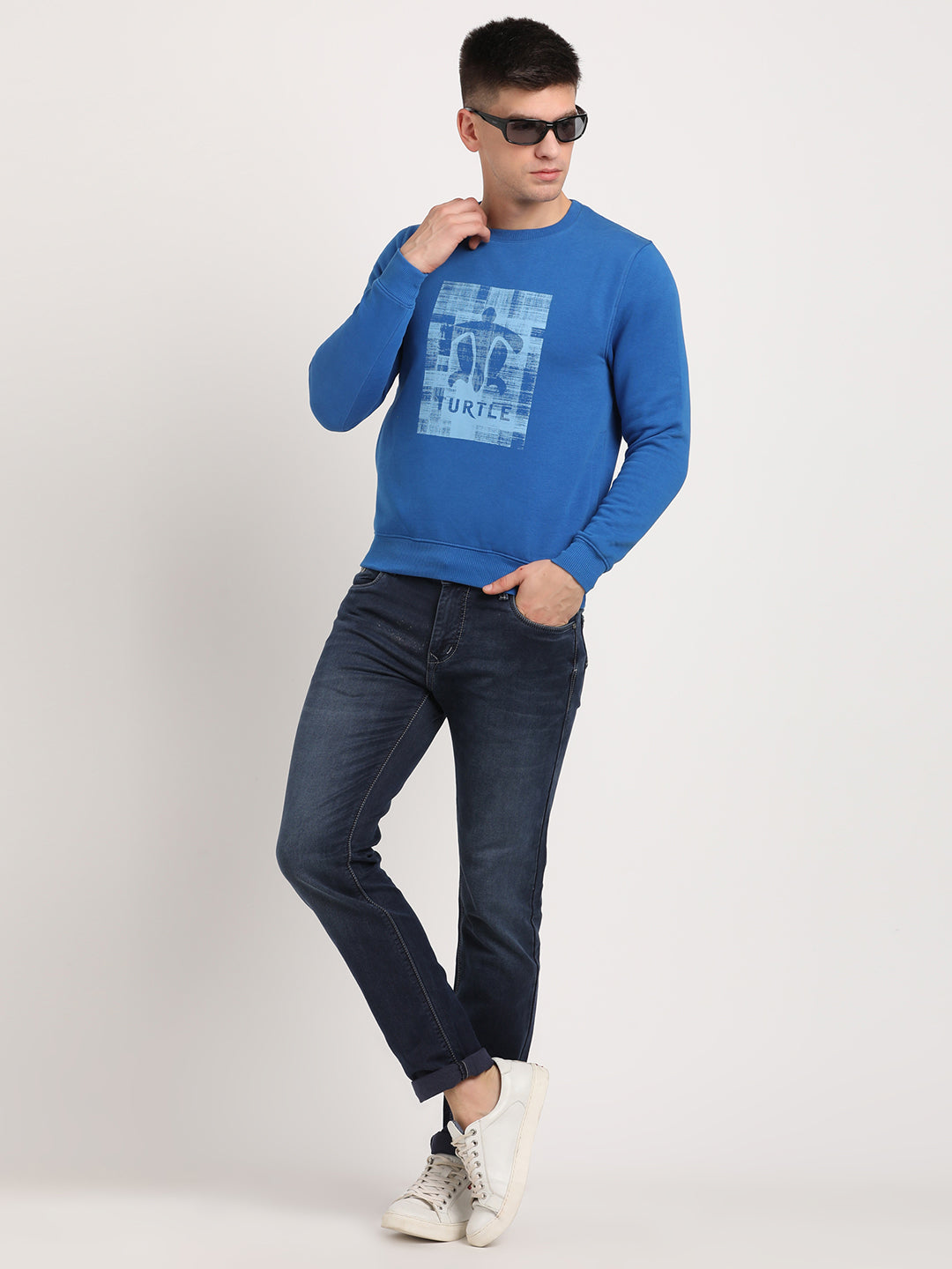 Cotton Stretch Blue Plain Regular Fit Full Sleeve Casual Pullover