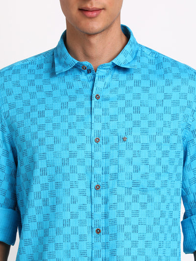 100% Cotton Light Blue Printed Slim Fit Full Sleeve Casual Shirt