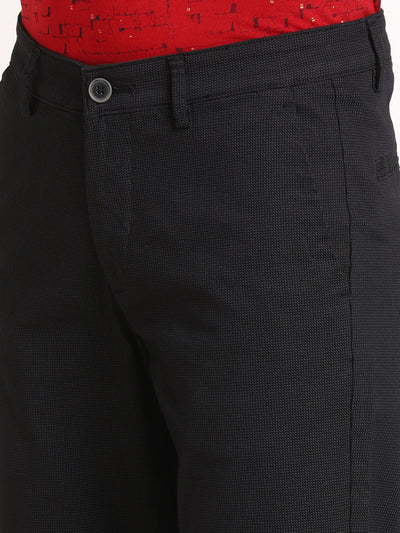 Cotton Stretch Black Printed Ultra Slim Fit Flat Front Casual Trouser