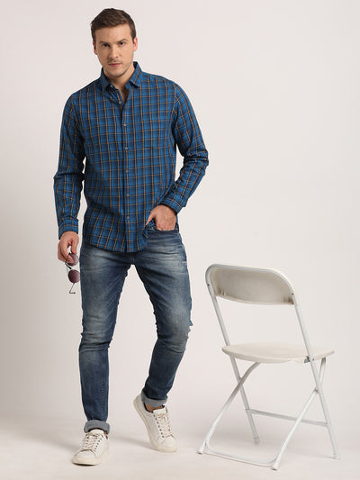 100% Cotton Blue Checkered Slim Fit Full Sleeve Casual Shirt