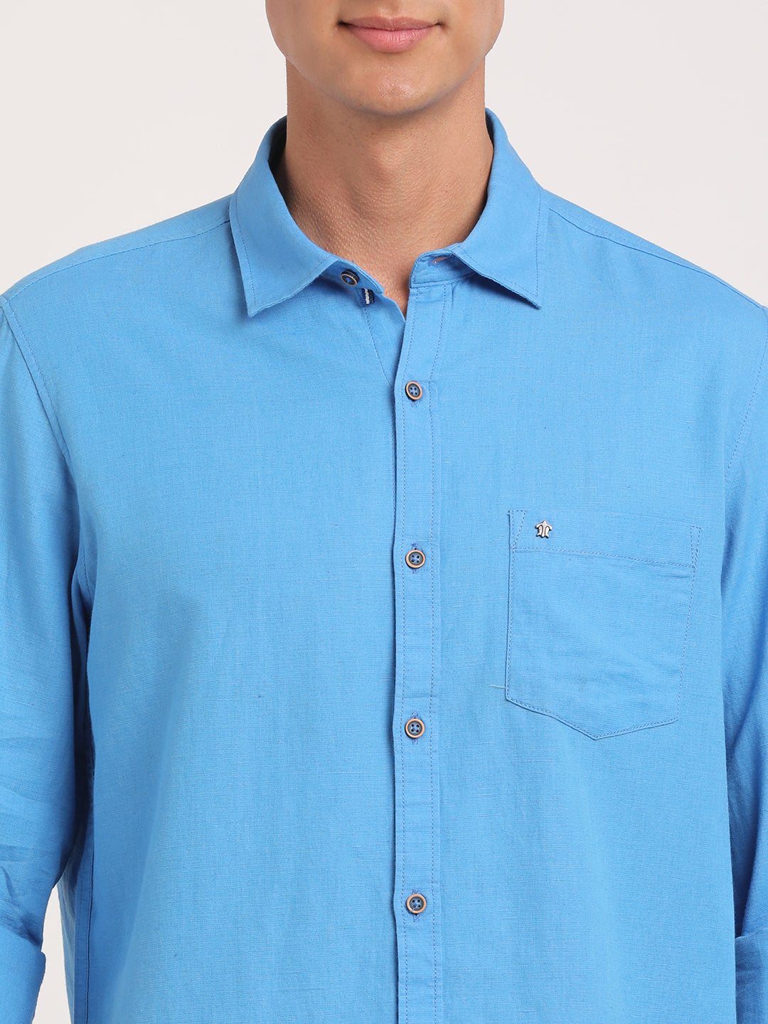 Cotton Linen Blue Plain Slim Fit Full Sleeve Casual Shirt