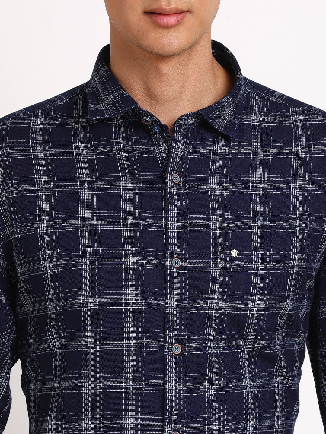 100% Cotton Indigo Blue Checkered Slim Fit Full Sleeve Casual Shirt