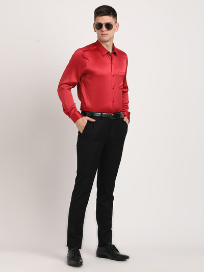 Poly Satin Red Plain Slim Fit Full Sleeve Ceremonial Shirt