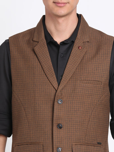 Poly Viscose Brown Checkered Slim Fit Sleeve Less Casual Nehru Jacket