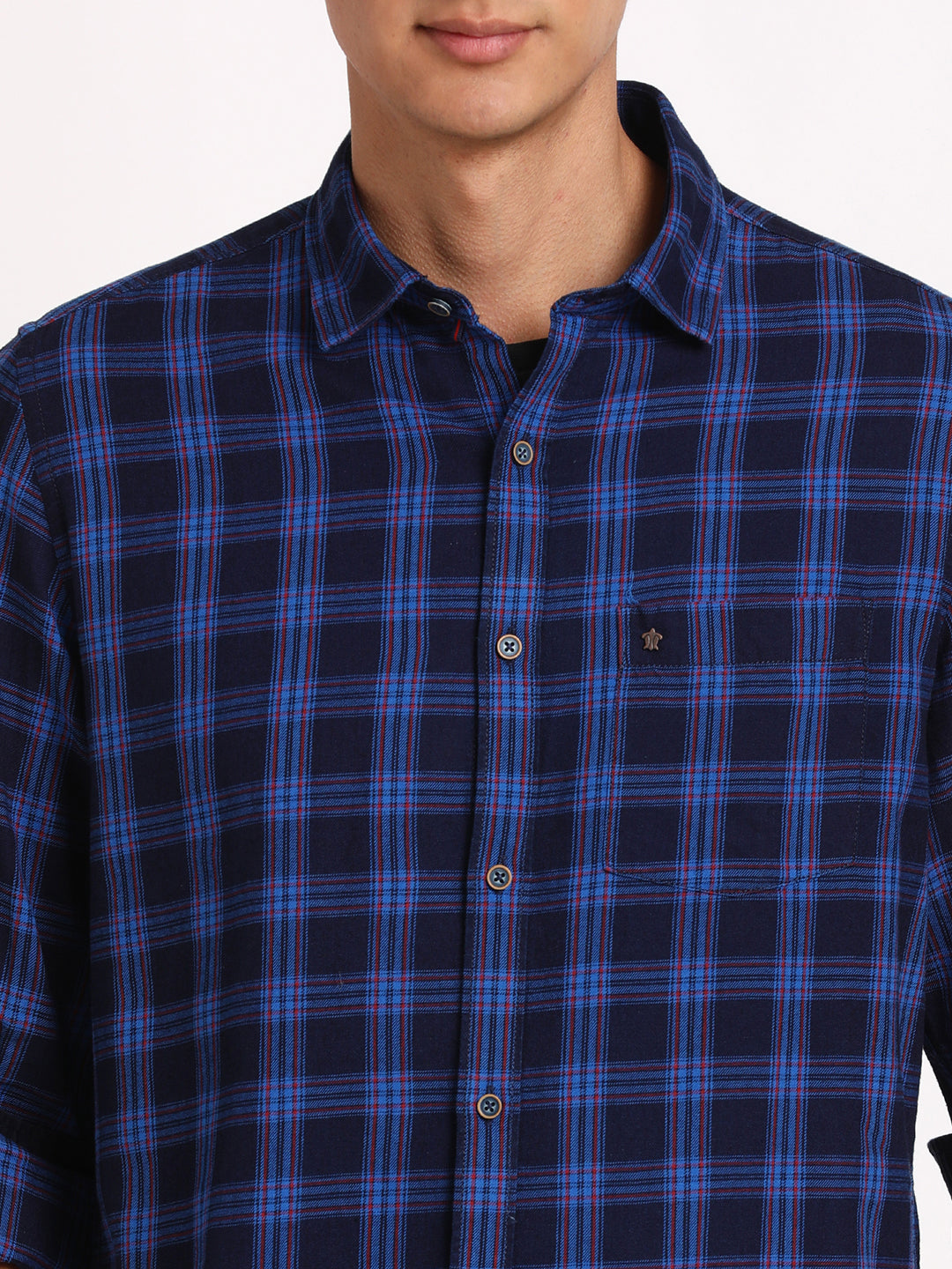 100% Cotton Indigo Royal Blue Checkered Slim Fit Full Sleeve Casual Shirt