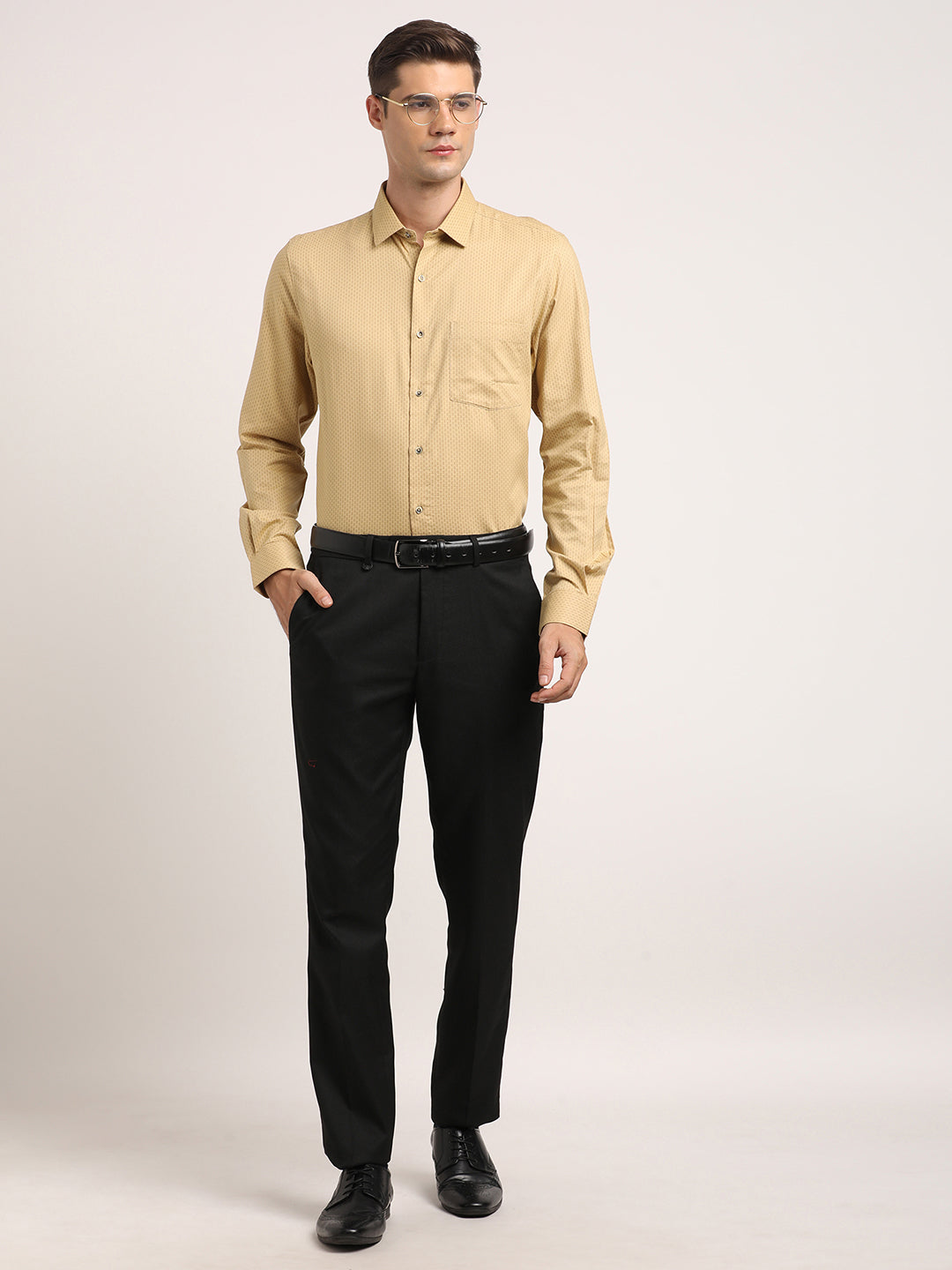 Cotton Tencel Khaki Printed Slim Fit Full Sleeve Formal Shirt