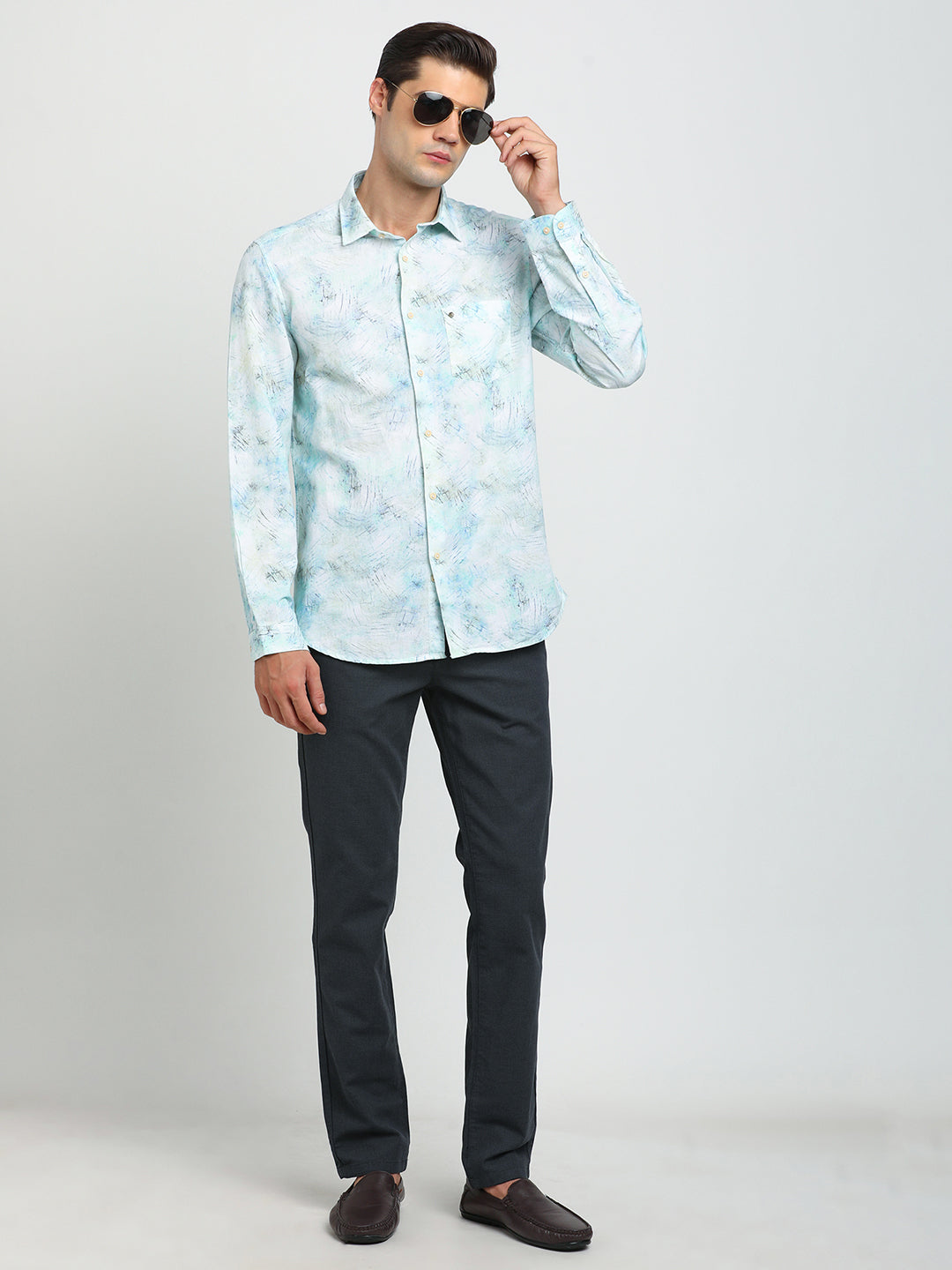 Cotton Linen Sky Blue Printed Slim Fit Full Sleeve Casual Shirt