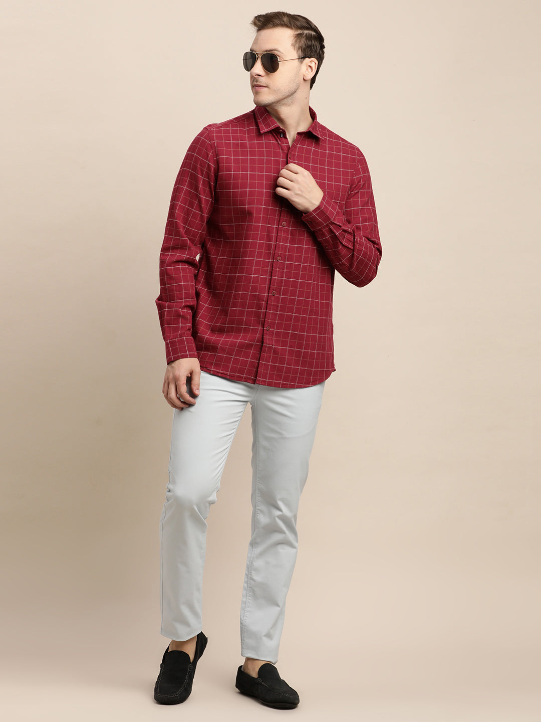 100% Cotton Maroon Checkered Slim Fit Full Sleeve Casual Shirt