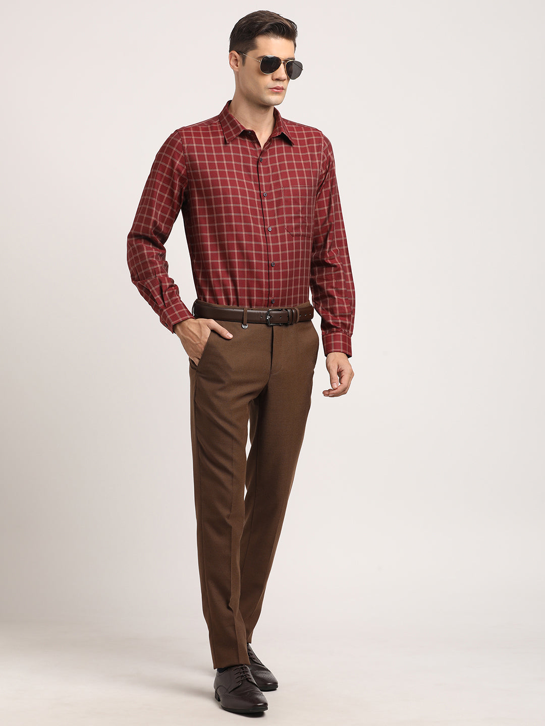 100% Cotton Red Checkered Slim Fit Full Sleeve Formal Shirt