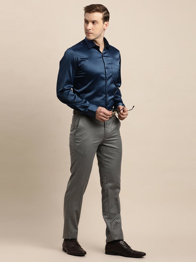 Poly Satin Blue Plain Slim Fit Full Sleeve Ceremonial Shirt