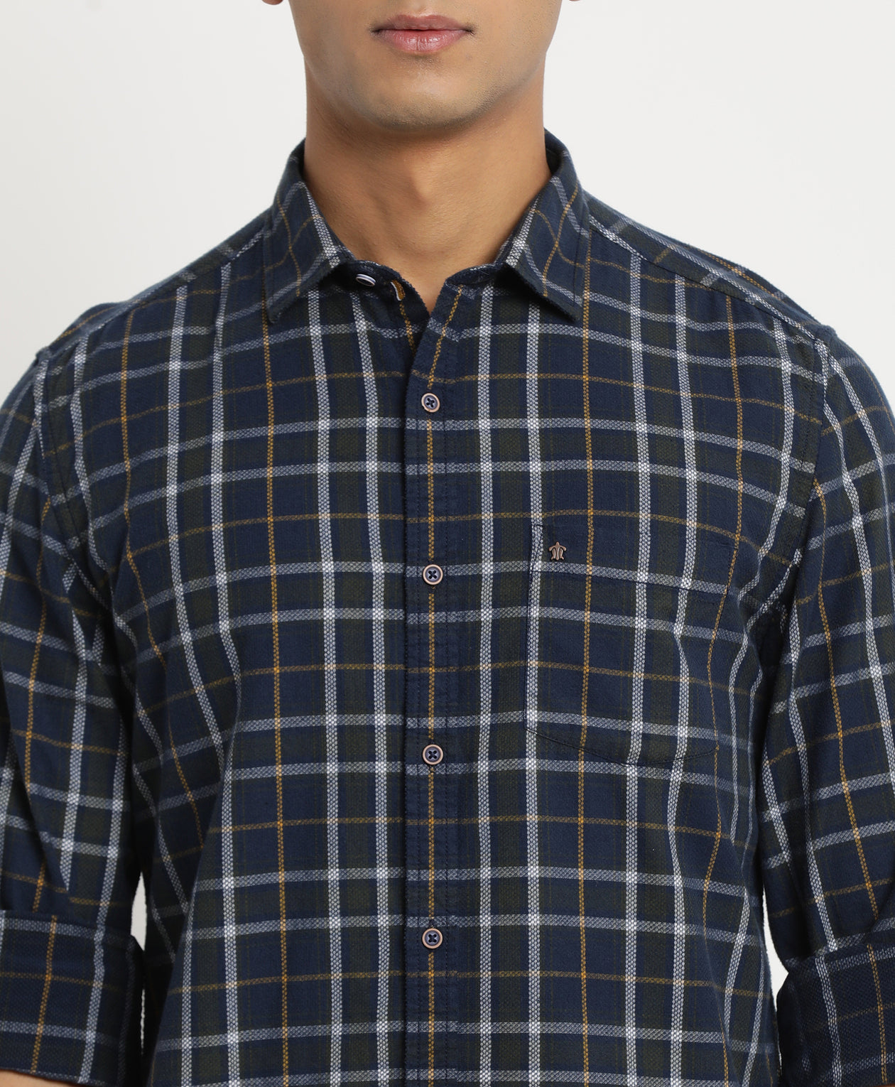 Cord Navy Blue Checkered Slim Fit Full Sleeve Casual Shirt