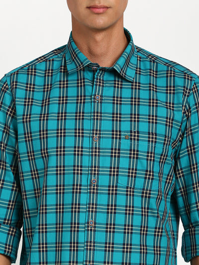 100% Cotton Turquoise Blue Checkered Slim Fit Full Sleeve Casual Shirt