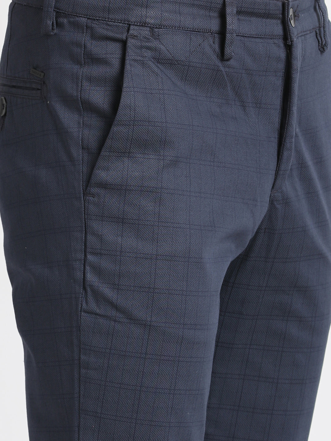 Cotton Stretch Navy Blue Checkered Ultra Slim Fit Flat Front Casual Trouser