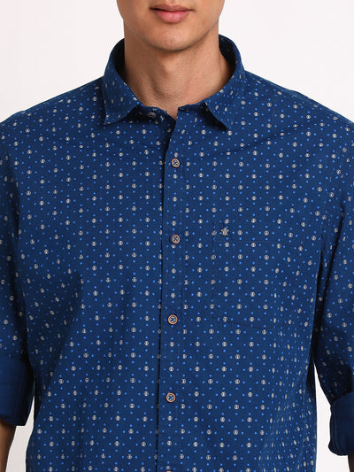 100% Cotton Blue Printed Slim Fit Full Sleeve Casual Shirt