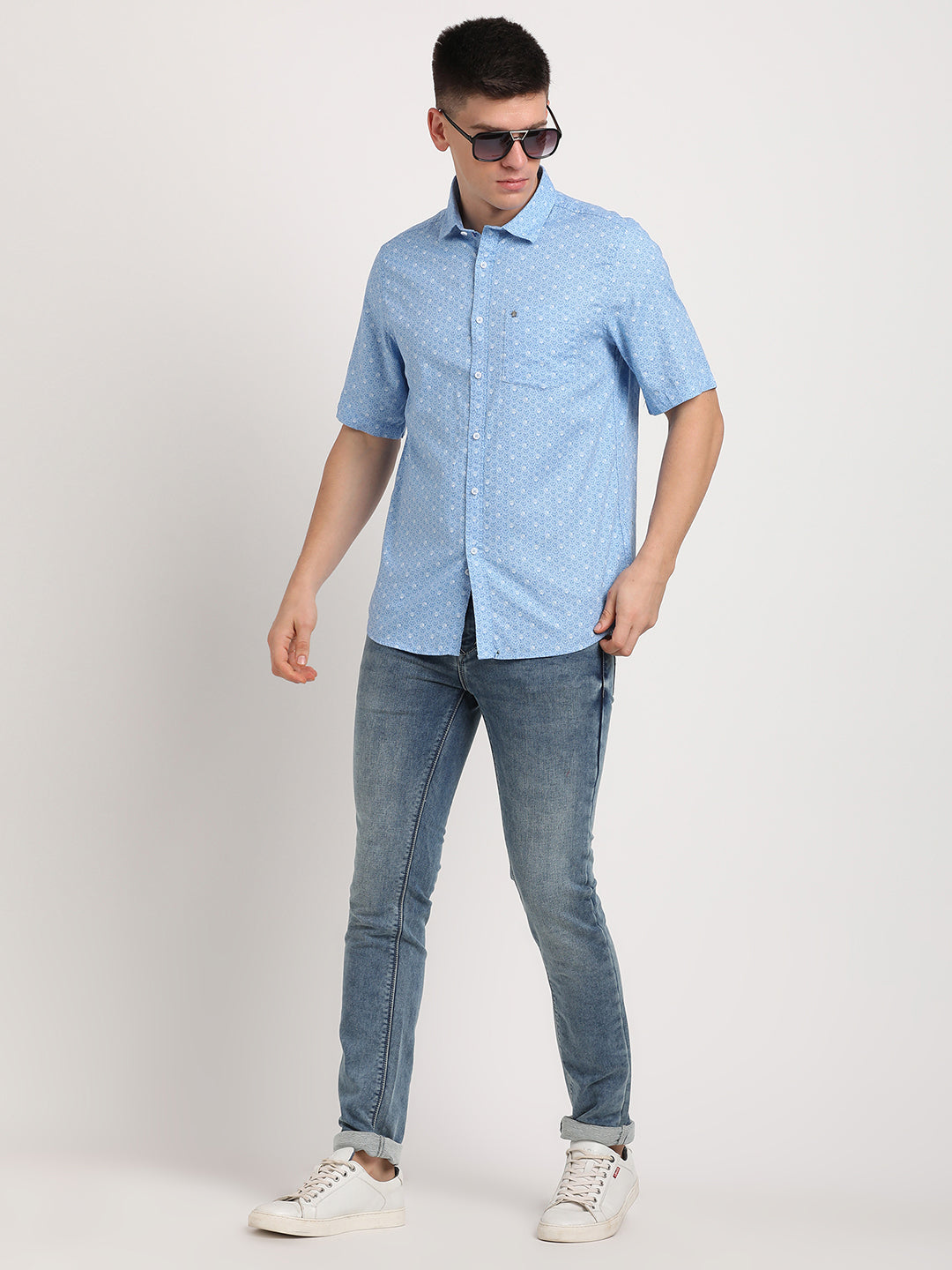 100% Cotton Sky Blue Printed Slim Fit Half Sleeve Casual Shirt