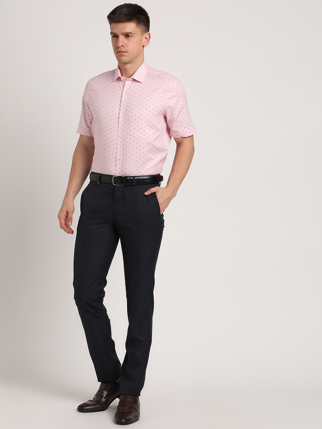 100% Cotton Pink Printed Regular Fit Half Sleeve Formal Shirt