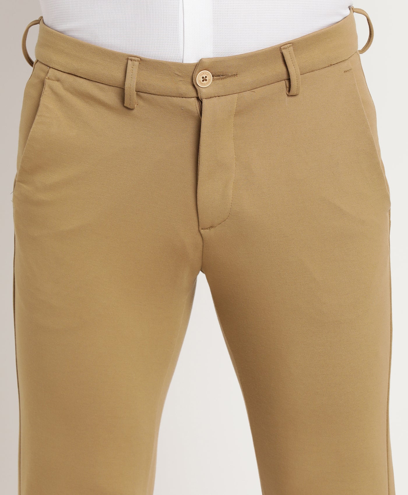 Cotton Stretch Khaki Plain Ultra Slim Fit Flat Front Casual Trouser