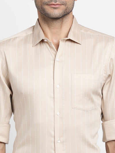 Poly Cotton Stretch Beige Striped Slim Fit Full Sleeve Formal Shirt