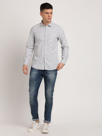 100% Cotton Grey Printed Slim Fit Full Sleeve Casual Shirt