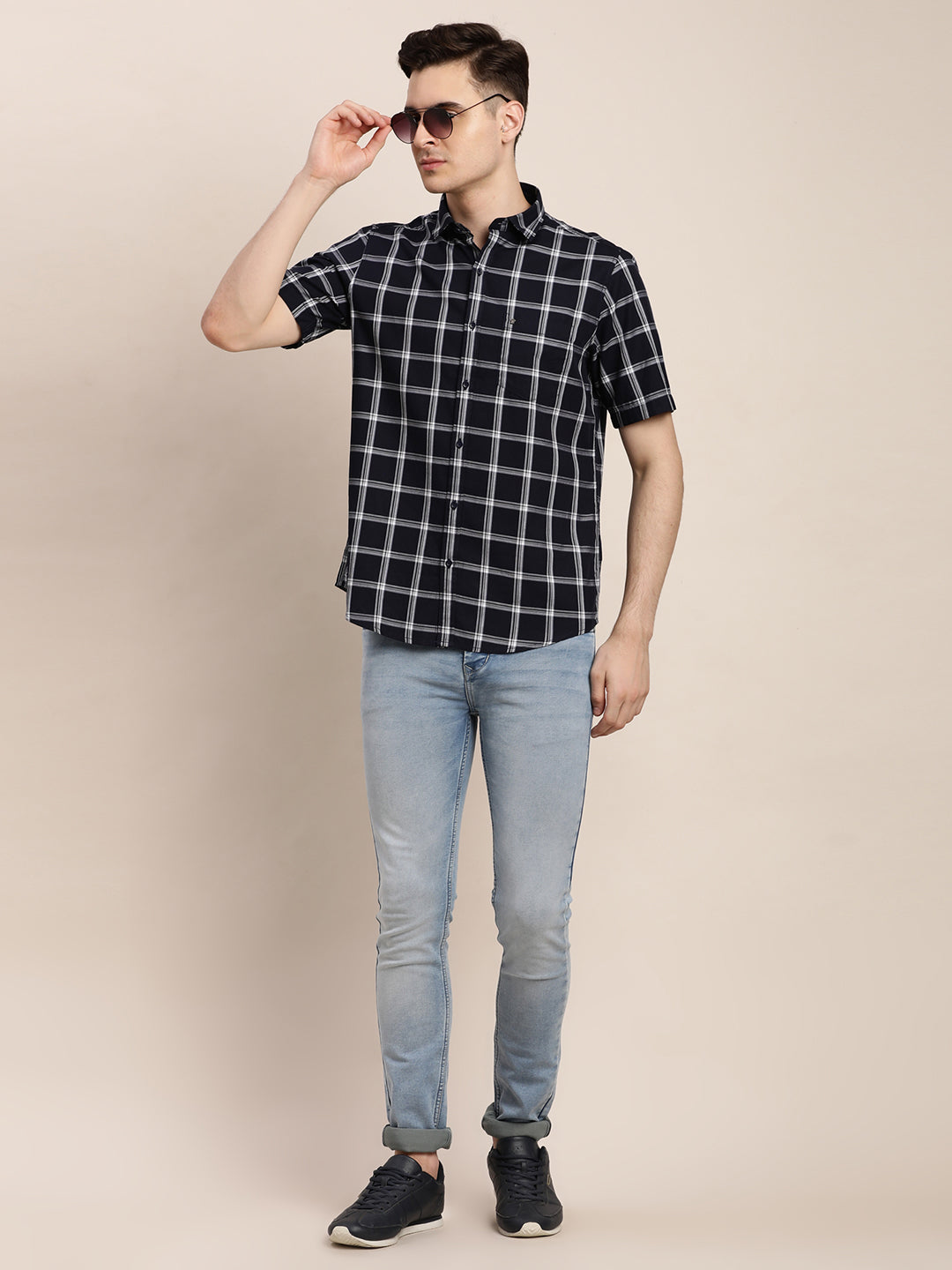 100% Cotton Blue Checkered Slim Fit Half Sleeve Casual Shirt