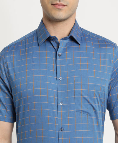 100% Cotton Blue Checkered Regular Fit Half Sleeve Formal Shirt