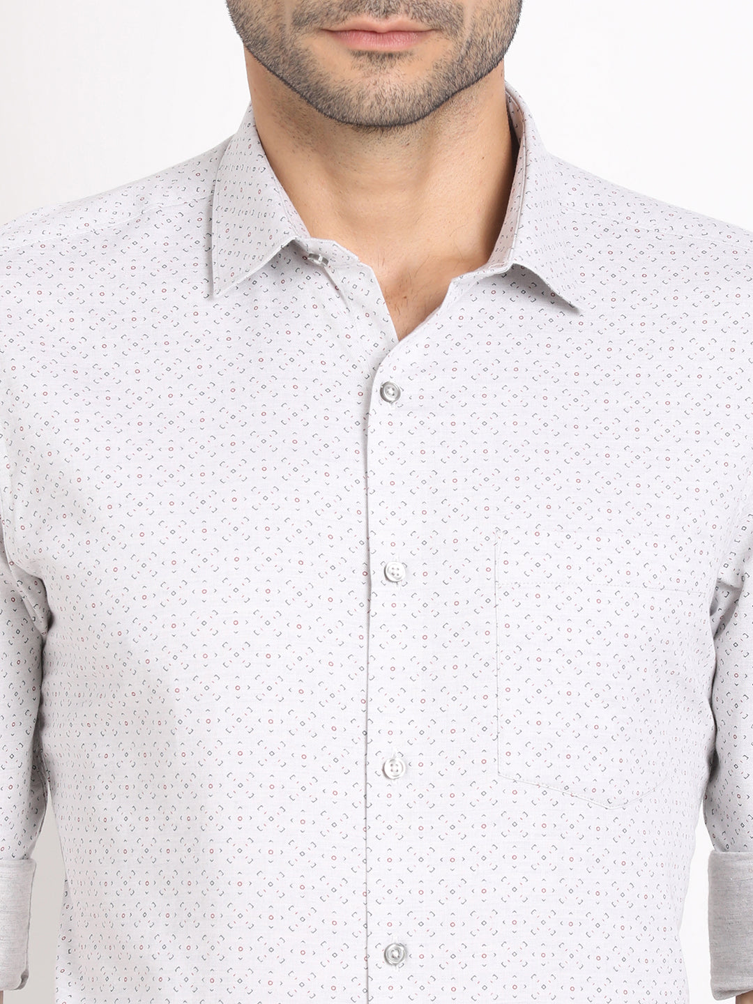 Cotton Melange Grey Printed Slim Fit Full Sleeve Formal Shirt